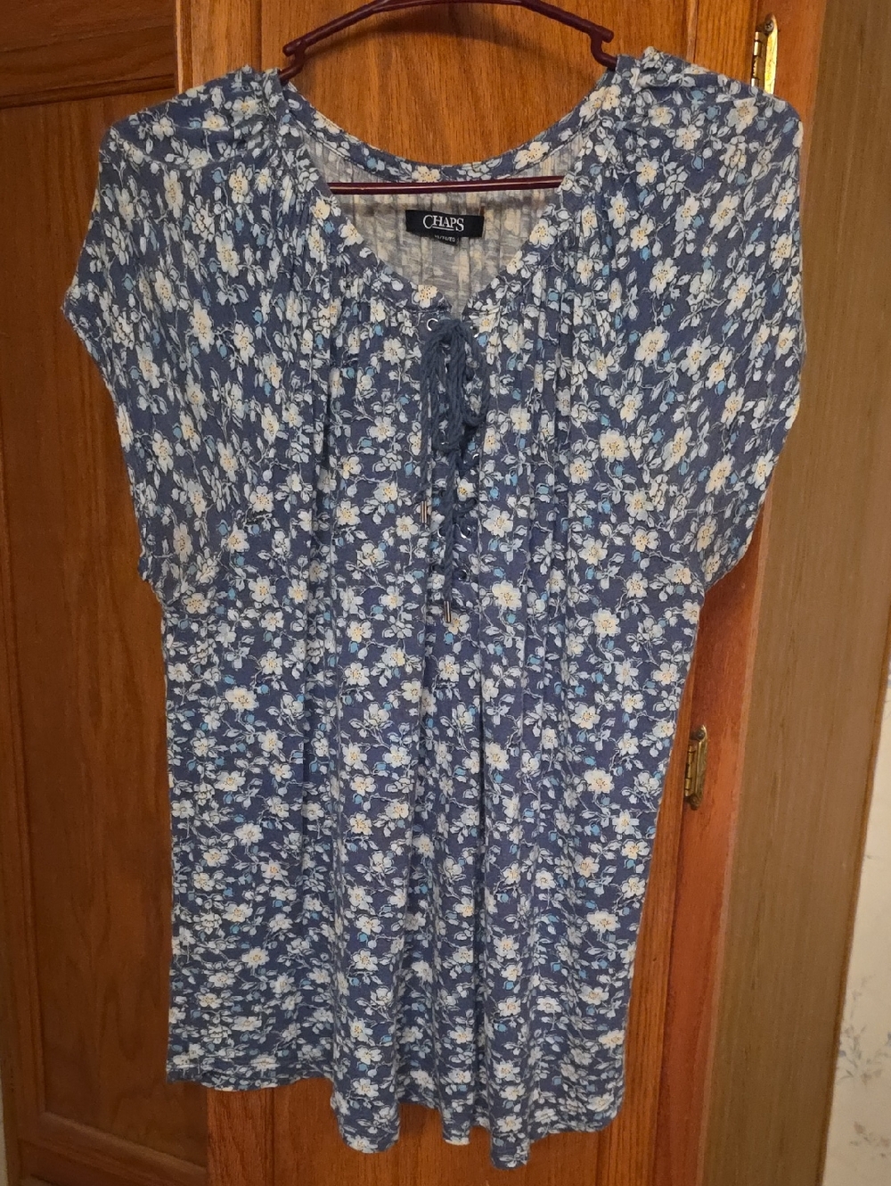 Chaps Blue Floral Lace-Up Peasant Blouse